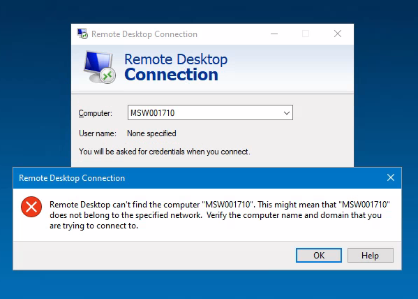 Example screenshot of the error "Remote Desktop can't find the computer"