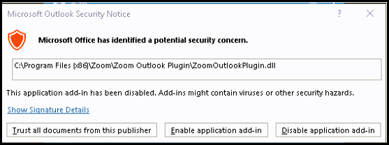 Outlook Security Notice - Zoom Plug In
