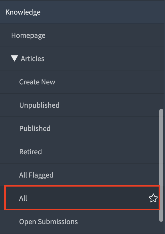 Select the Knowledge view most appropriate to find the knowledge article in question.  In this example, the "All" filter is selected.