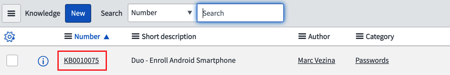 Select the Knowledge entry by clicking the corresponding link in the "Number" field.