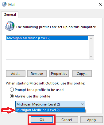 General screen with the Michigan Medicine (Level 2) account highlighted in the top box and below, there are radio buttons with Michigan Medicine (Level 2) chosen under "Always use this profile"