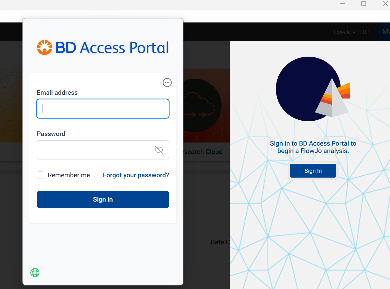 FlowJo sign in page and the BD Access Portal window prompting login credentials