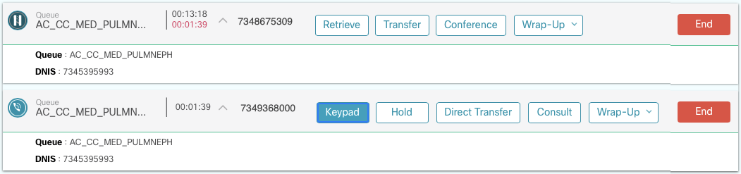 When a consult call is opened, both calls are displayed in Finesse Desktop as shown here.