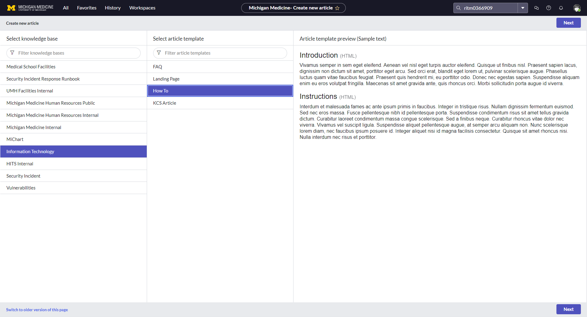 Select Knowledge Base and Article Template