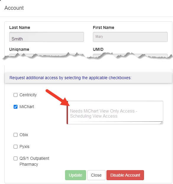 ART screenshot showing MiChart comment