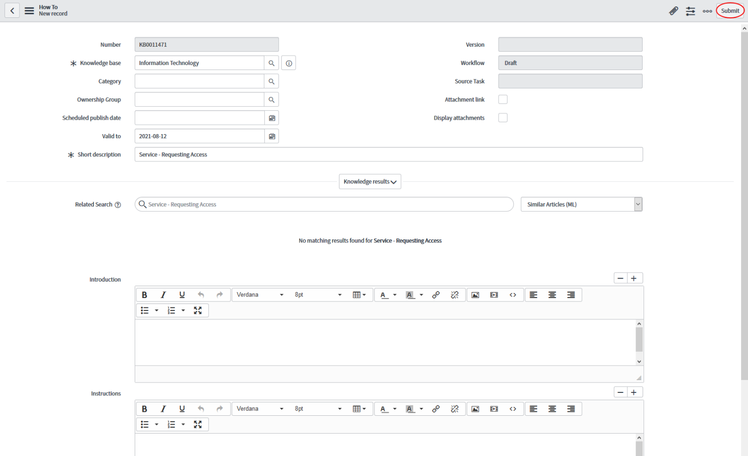 Article Record highlighting the Submit button in the top-right of the window.