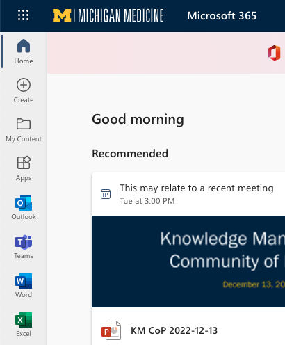 Microsoft 365 showing Word Online in sidebar
