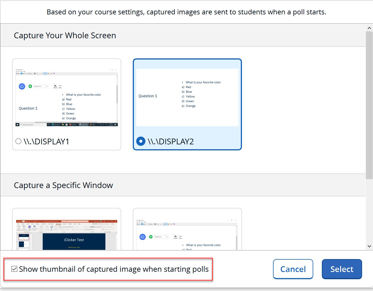 select screen to send screen capture to student device