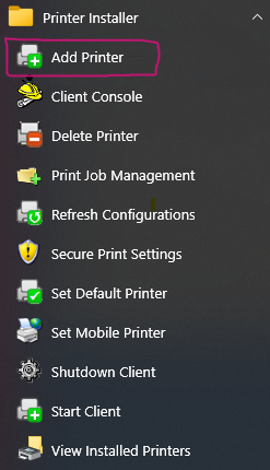 Image of Printer Installer folder located on Start Menu