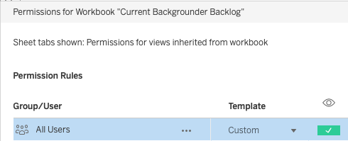 Sheet tabs shown: Permissions for views inherited from workbook