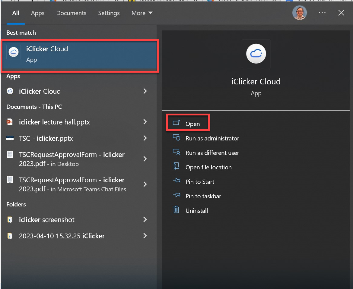 Windows search displaying iclicker app