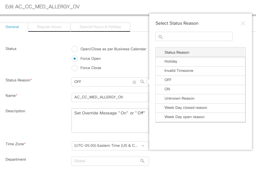 Changing the Status Reason field to ON or OFF will turn the Override message on or off.