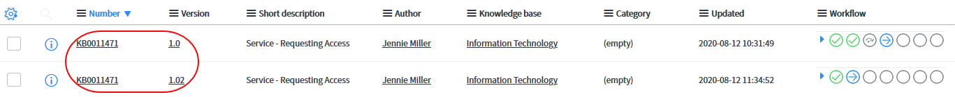 Knowledge Article list view showing original and draft