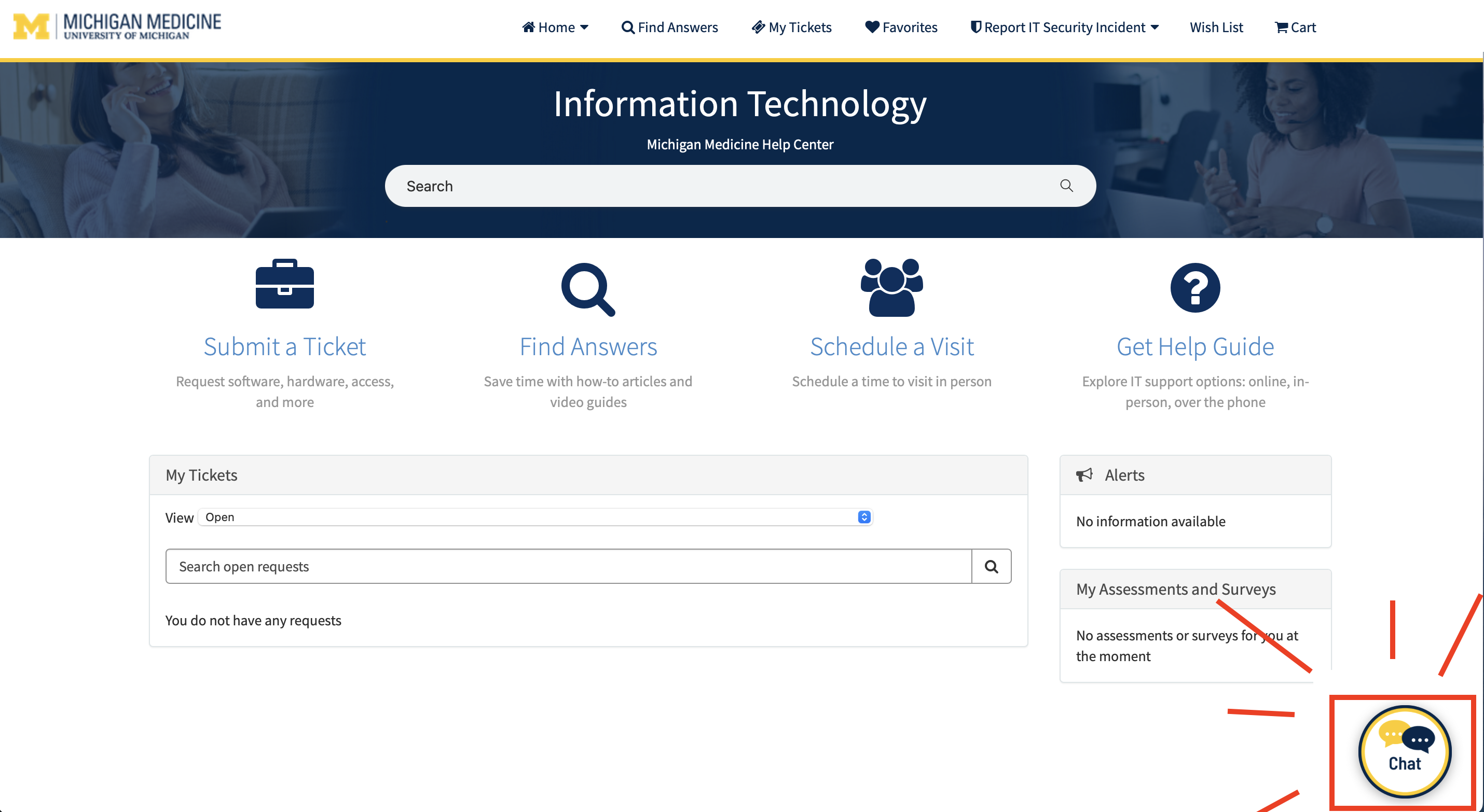The IT home page in the Michigan Medicine Help Center. Find the Chat Support button in the bottom right corner of the page.