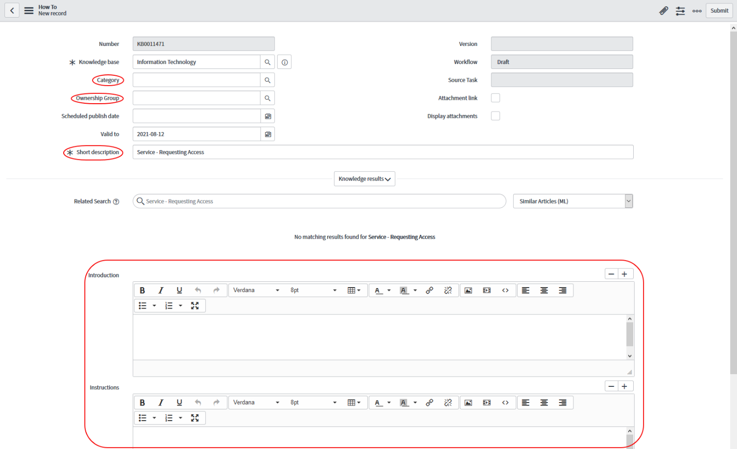 Knowledge Article Record with How To Template applied. Category, Ownership Group, and Short Description field are located on the top half of the window; fields for entering article content are on the bottom half of the window.