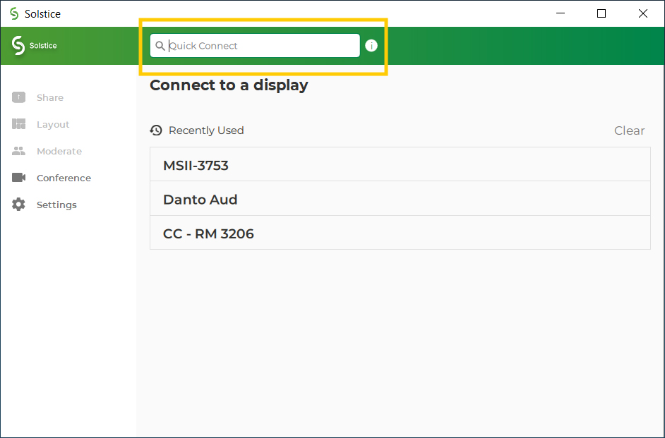 Type IP address in the top field, or choose a recently used room from the list.