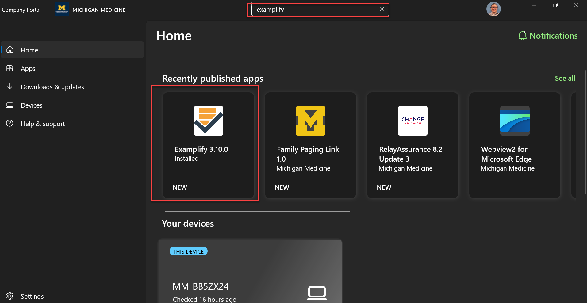ExamSoft card in Company Portal