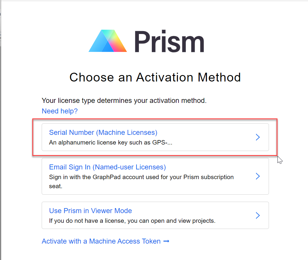 Prism Choose and Activation Method screen with the Serial Number option highlighted