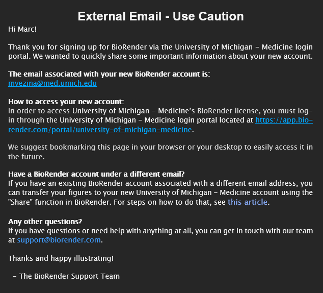 Image is the contents of the welcome email BioRender sends to new users.