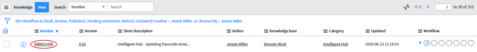 List View of Knowledge Articles with the Number highlighted. By default, Number is the left-most column in the list.