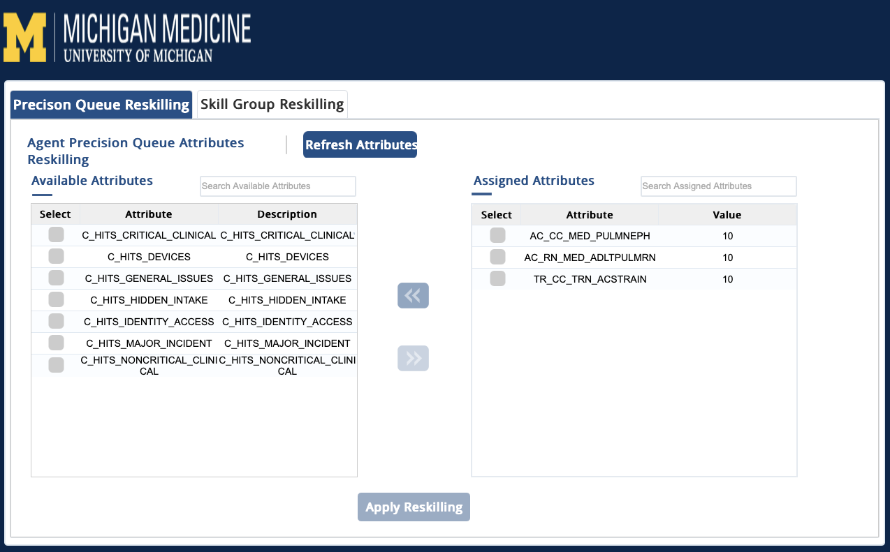 The Reskilling menu within Cisco Finesse allows agents to set their skills.