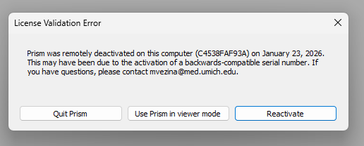 Prism License Validation error message and example Prism Machine ID