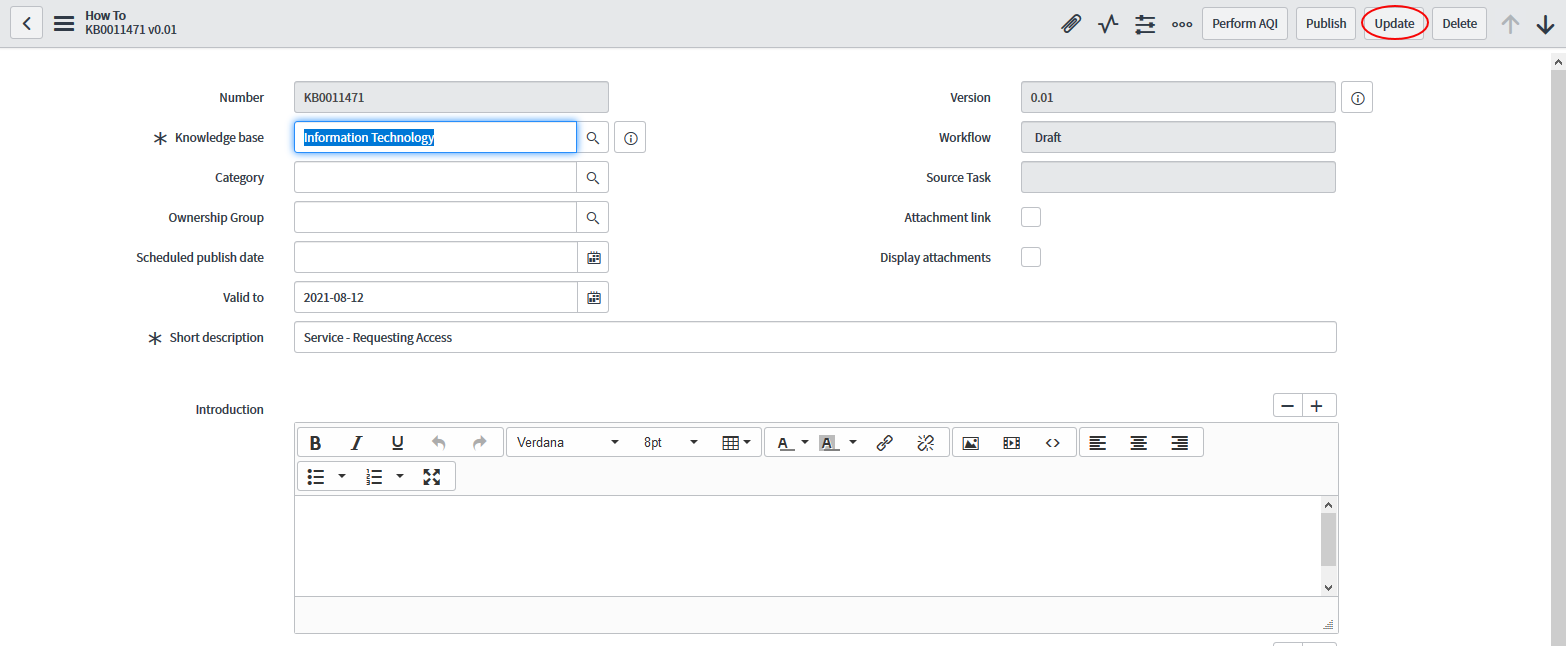 Knowledge Article record with the Update button highlighted in the top-right of the window.