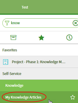 ServiceNow Navigation on the left-side of the client window, with My Knowledge Articles highlighted.