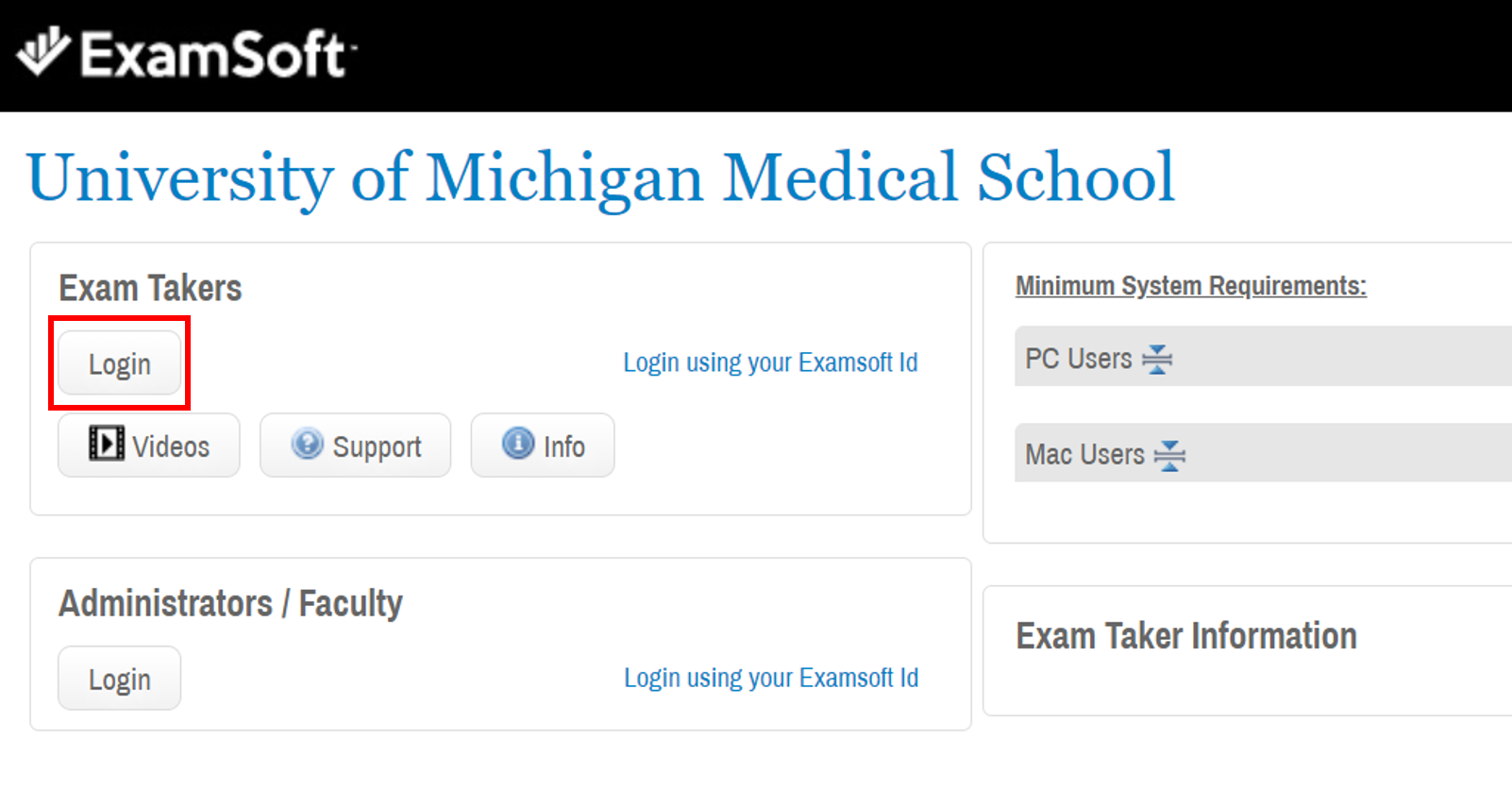 ExamSoft location of login button