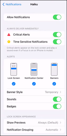 iOS/iPhone screen showing which notifications to allow under device Settings and Notifications and Haiku.