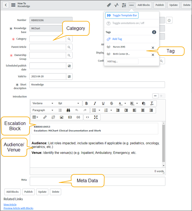 ServiceNow screen identifying key areas in the knowledge article