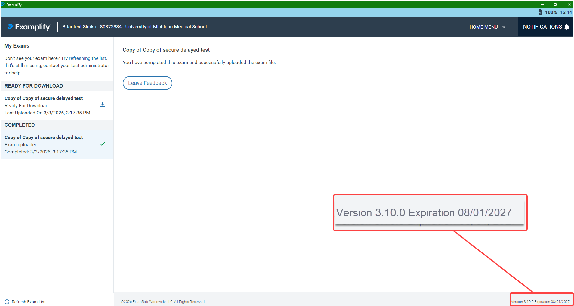 Examplify Dashboard with updated version callout in bottom right