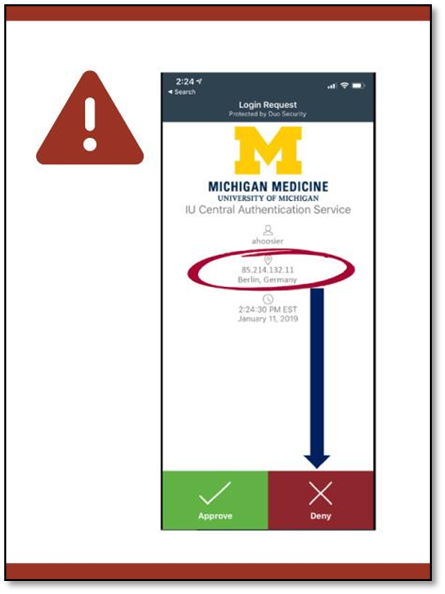 Screenshot of Duo push notification, with an arrow pointing to bottom right "Deny" option.