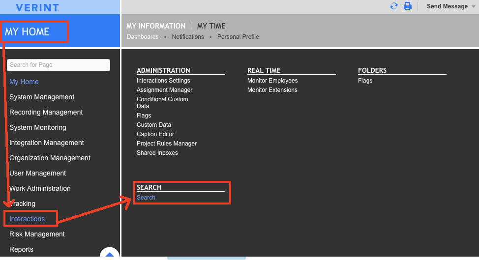 Navigate from the My Home menu to Interactions to the Search option.